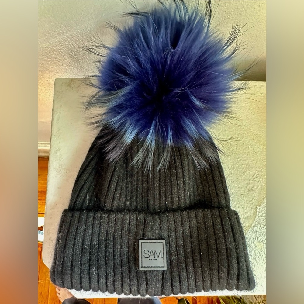 SAM. Women's Black Knit Hat with Blue Pom Pom